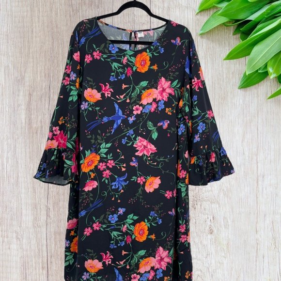 Old Navy Dresses & Skirts - Old Navy Size X-Large Long Bell Sleeve Black Multicolor Floral Shift Dress Rayon